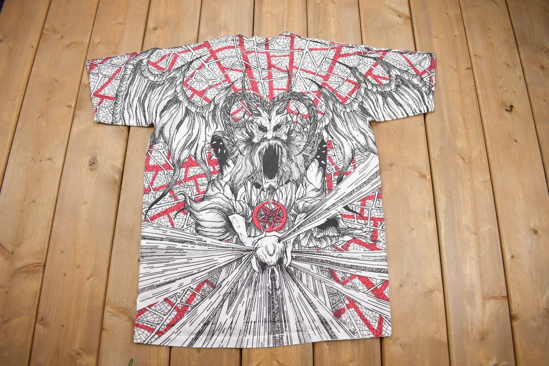 Vintage 1990s Morbid Rags Demon Graphic All Over Print T-Shirt