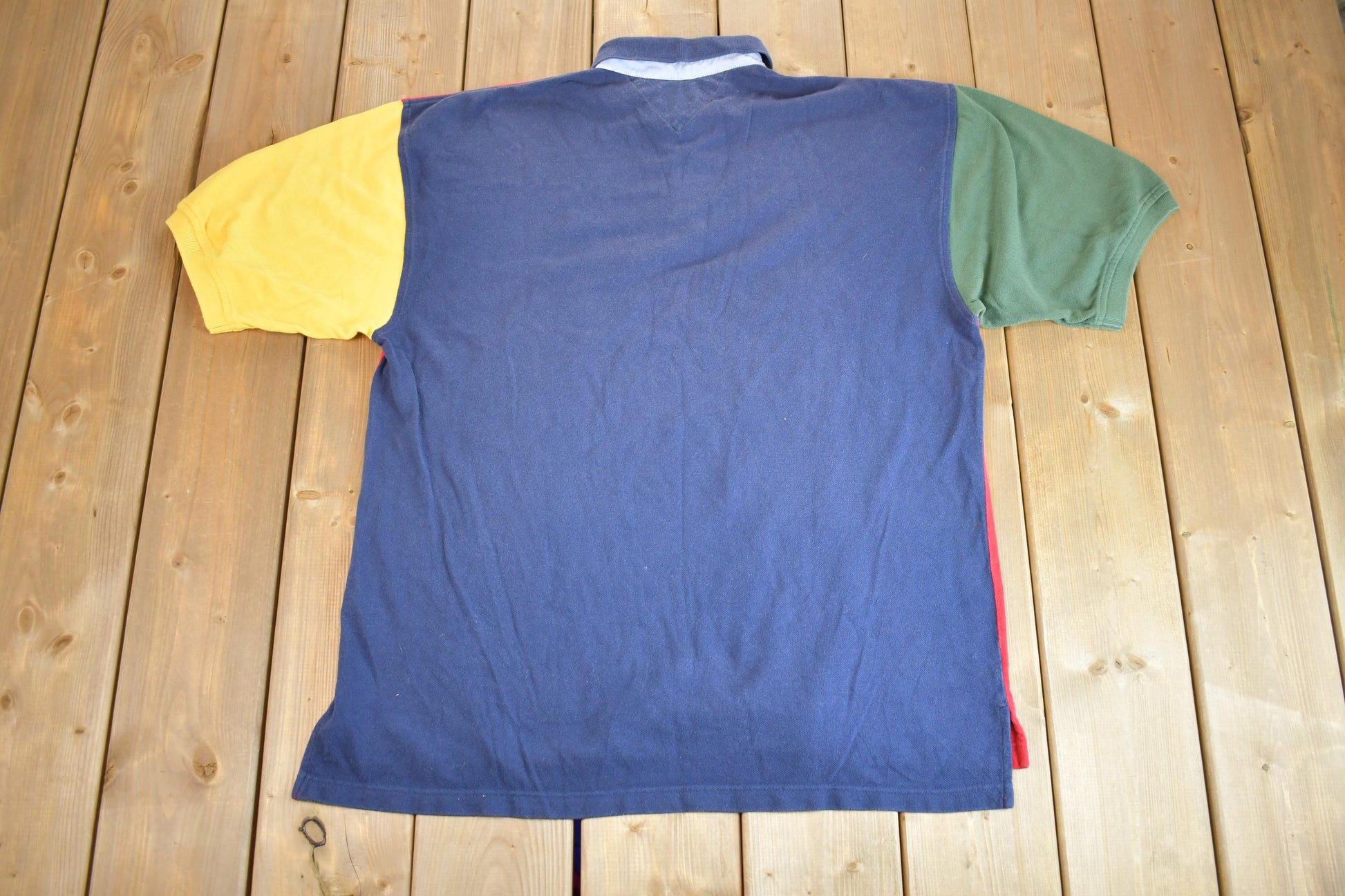 Vintage 1990s Tommy Hilfiger Color Block Short Sleeve Preppy Quarter Button Up