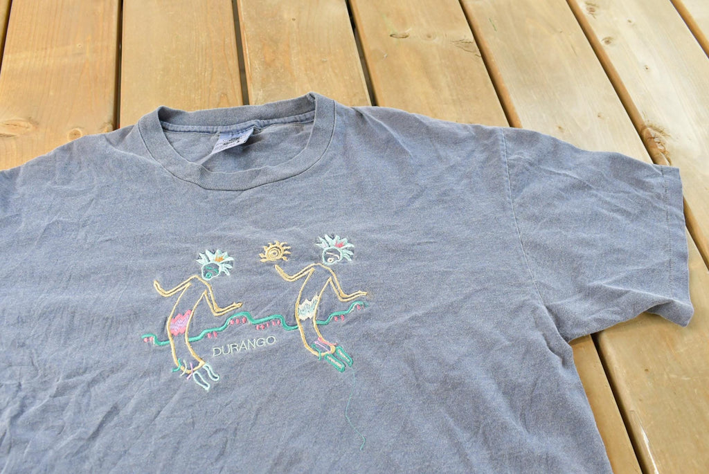 Vintage 1990s Kokopelli Navajo Art Graphic Durango T Shirt Men's / Single Stitch / Embroidered / Indigenous Graphic T Shirt / Made in USA