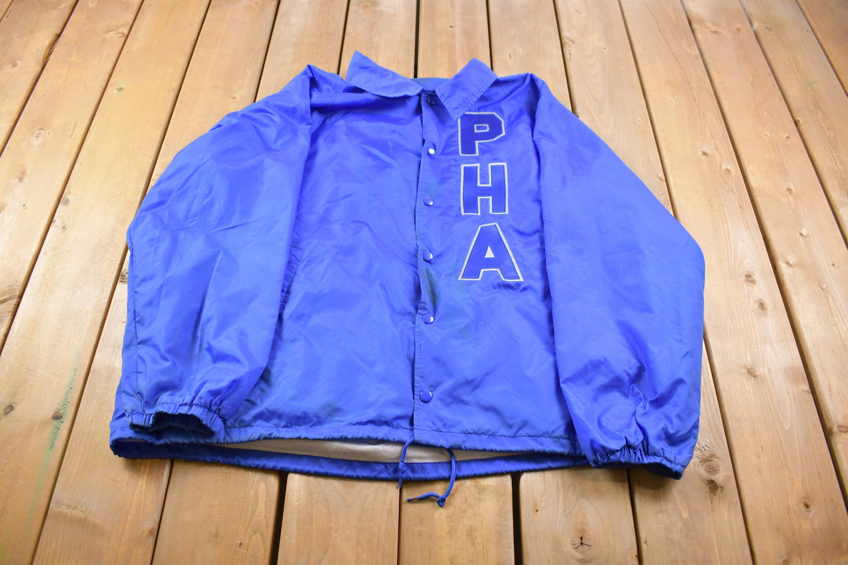 Vintage 1990s Auburn PHA Blue Snap Button Patchwork Windbreaker Jacket
