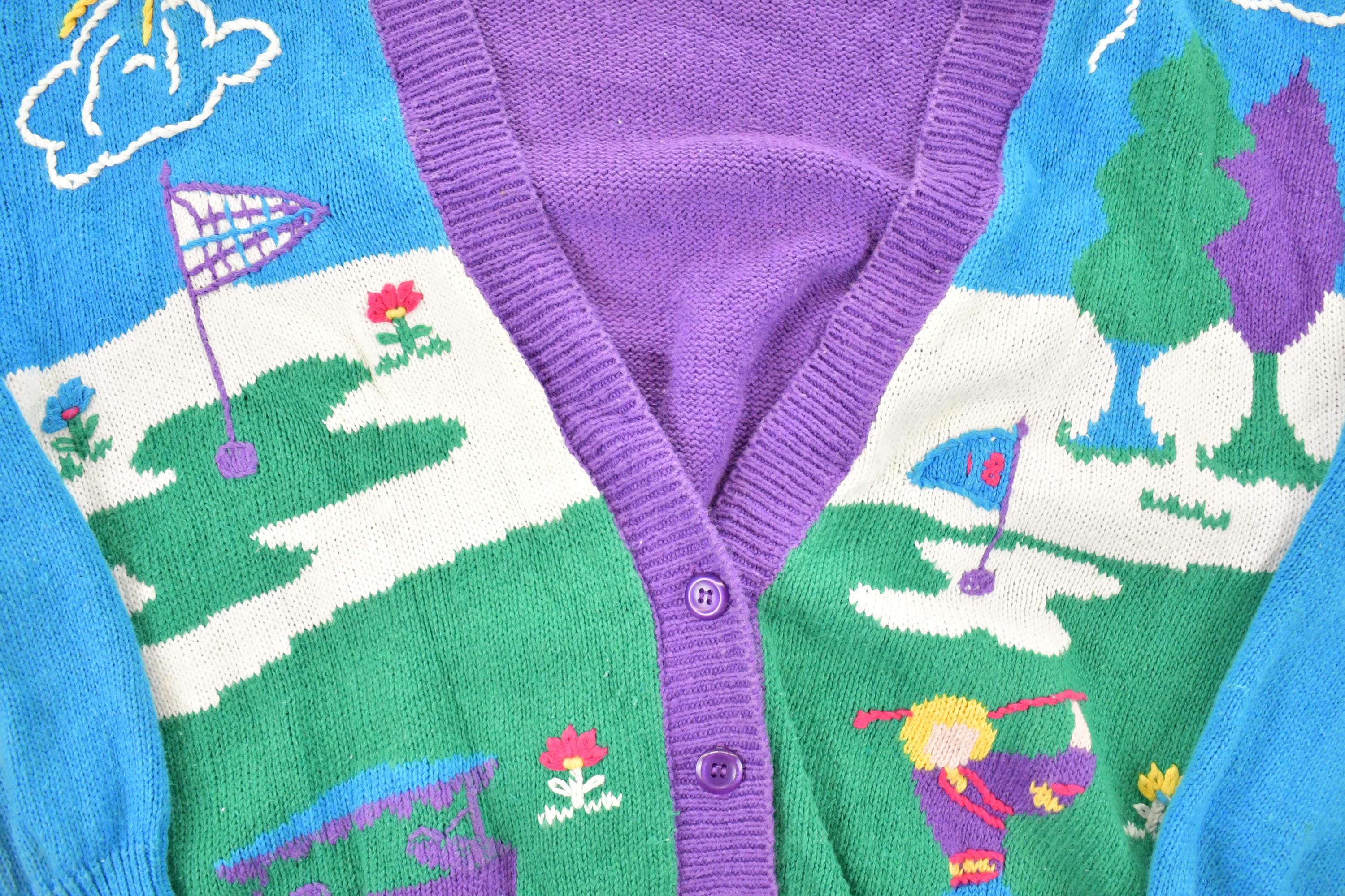 Vintage 1990s Koret Sport AOP Golfing Abstract Knit Cardigan Sweater Women's M