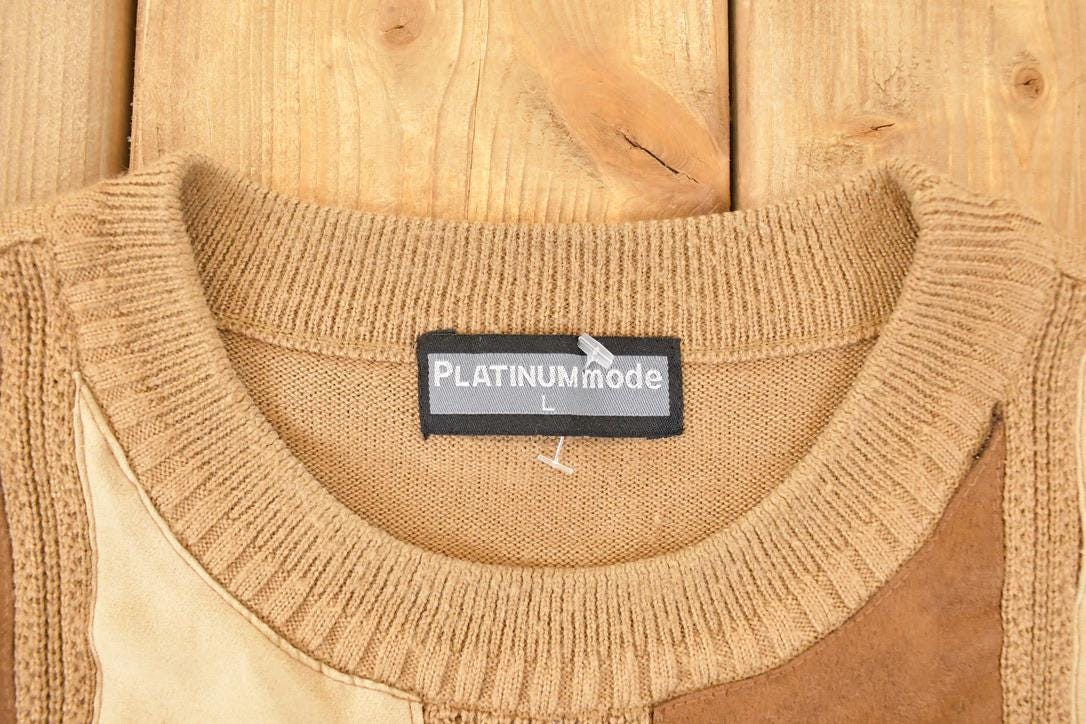 Vintage 1980s Platinum Mode Suede Patch Cable Knit Crewneck Sweater Mens L / 80s Knitted Sweatshirt / Vintage Preppy Knits