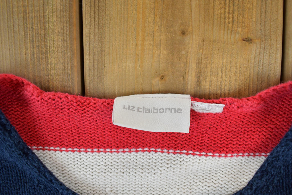 Vintage 1990s Liz Claiborne AOP Cropped Style American Flag Knit Crewneck Sweater