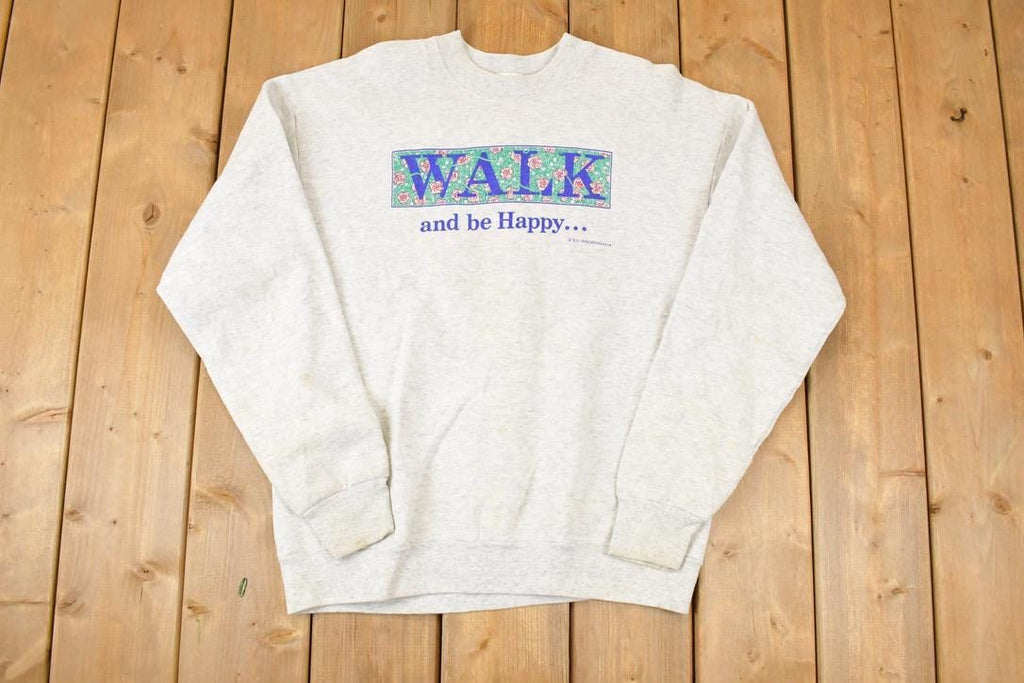 Vintage 1990s Walk And Be Happy FAB Graphic Print Crewneck Sweatshirt Mens L