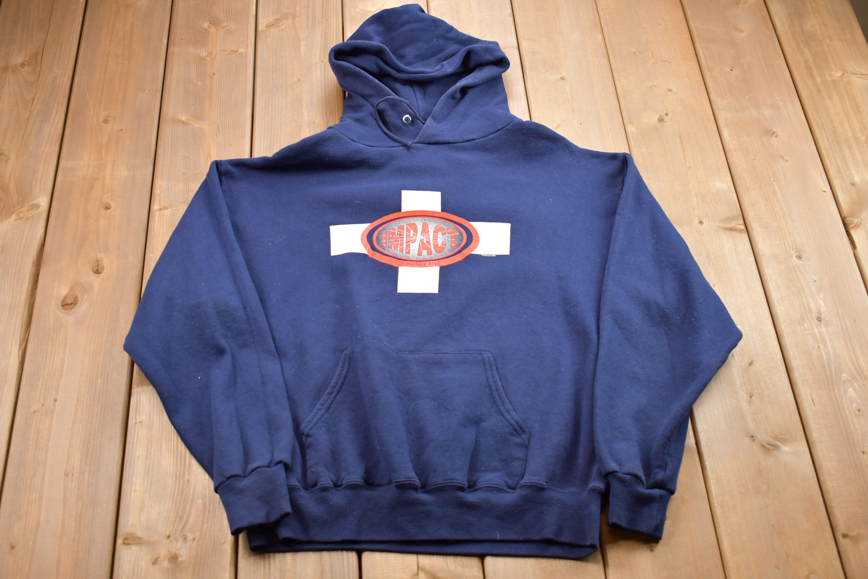 Vintage 1990s Impact Graphic Hoodie  Impact Hoodie  Religious Cross Print  Vintage Cross Sweatshirt  Timothy 4:12  Pullover Sweatshirt