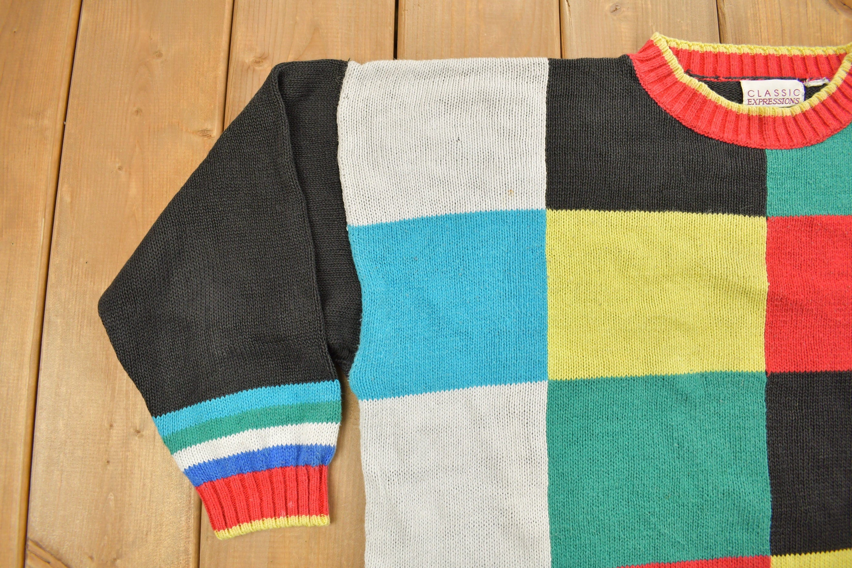 Vintage 1990s Color Block Knitted Color Block Crewneck Sweater