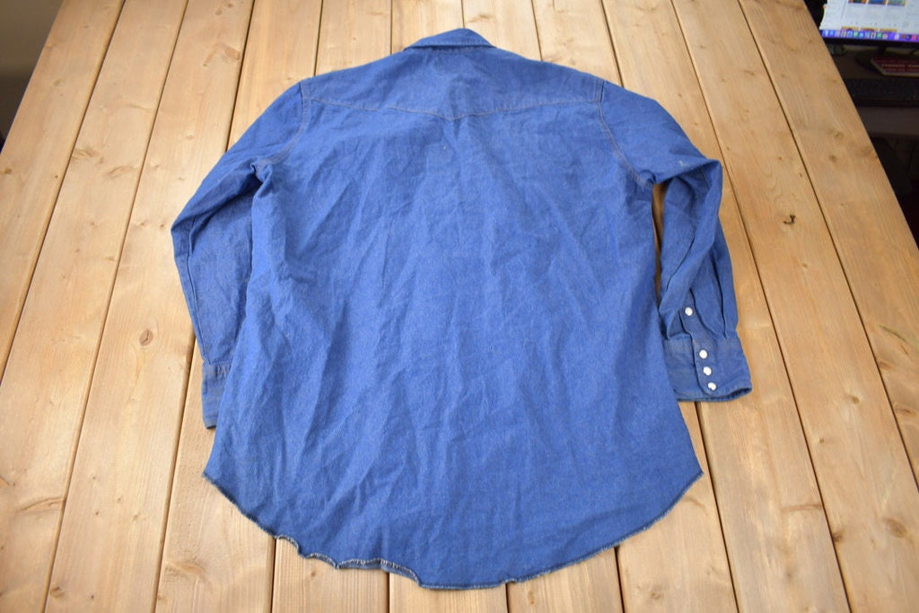 Vintage 1990s Wrangler Denim South Western Style Pearl Snap Button Up Rodeo Shirt Size XXLT