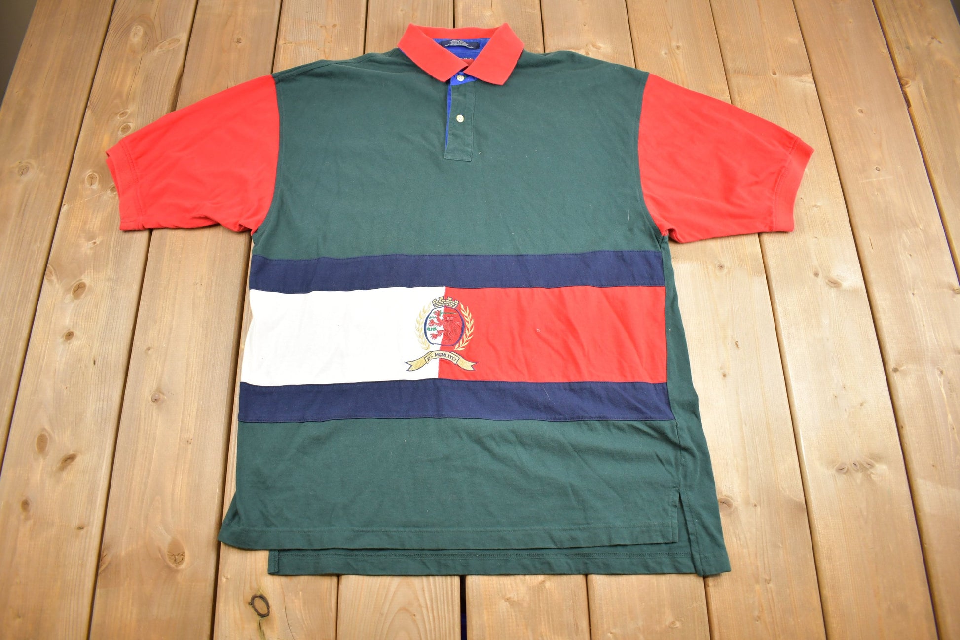 Vintage 1990s Tommy Hilfiger Color Block Polo T-Shirt  Embroidered Flag & Crest  90s  Streetwear  Retro Style  90s Tommy