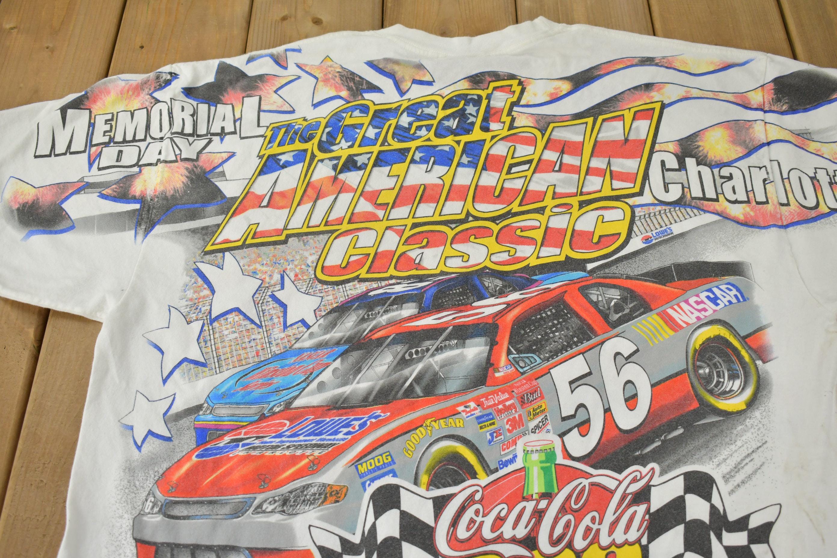 Vintage 1990s NASCAR Coca Cola 600 The Great American Classic All Over Print Racing Graphic T-Shirt Made In USA
