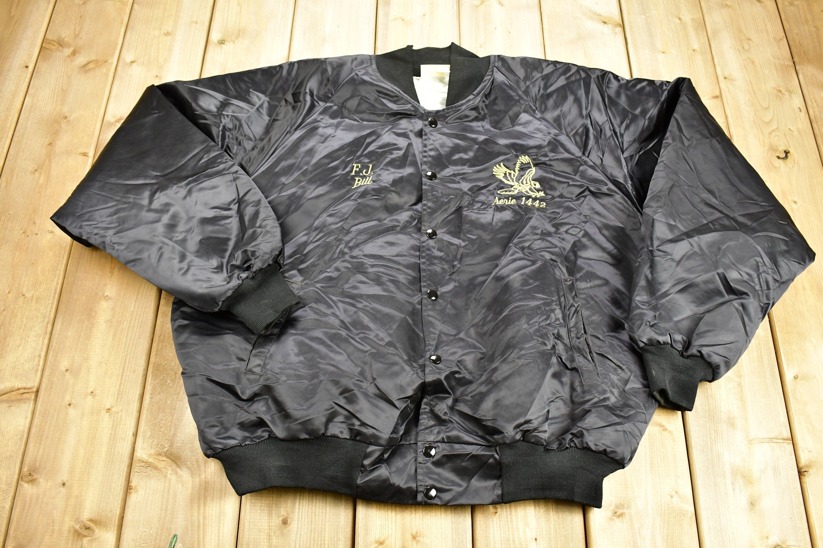 Vintage 1980s Amherst Eagles Aerie 1442 Embroidered Satin Snap Button Jacket