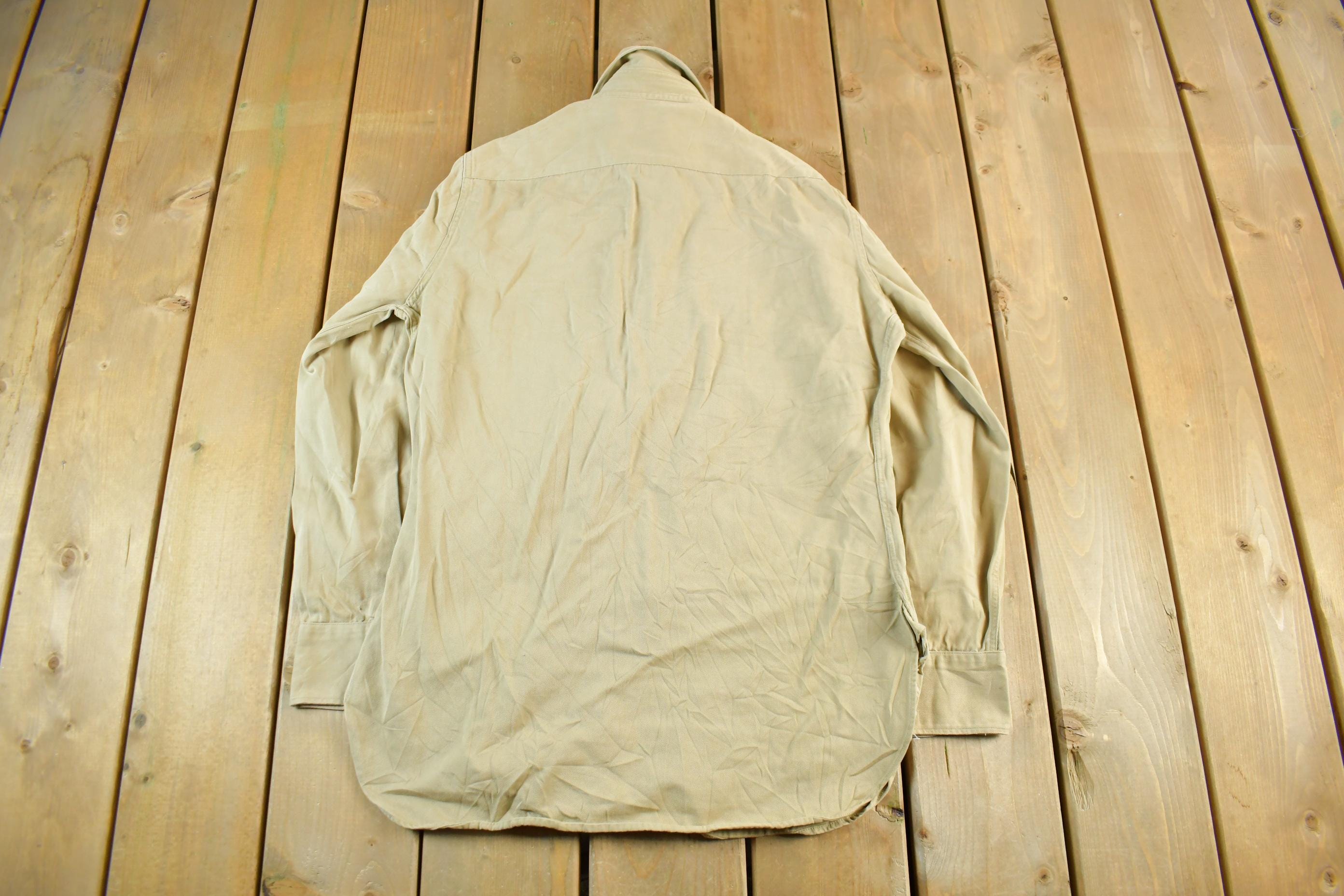 Vintage 1950s Military Khaki Button Up Shirt Men's Large