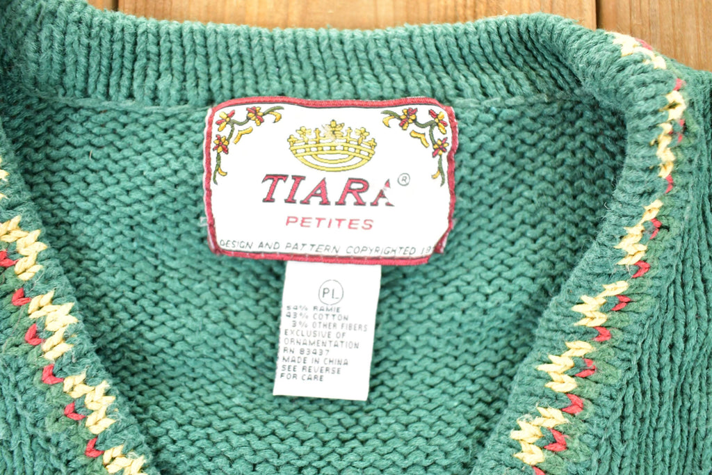 Vintage 1990s Tiara Petits AOP Abstract Holiday Chunky Knit Cardigan Sweater Mens L  Preppy Knit Cardigan