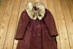 Vintage 1980s Fox Fur Collar Suede Trench Coat Winter Outerwear