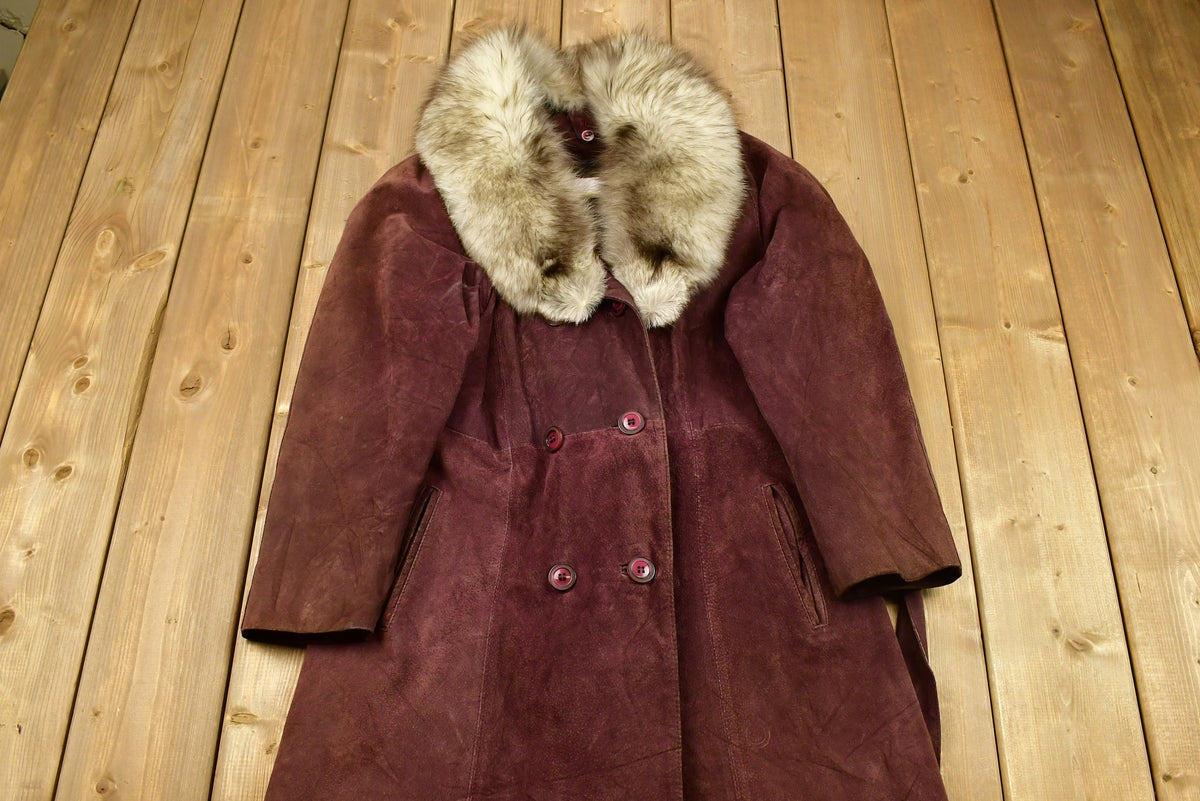 Vintage 1980s Fox Fur Collar Suede Trench Coat Winter Outerwear