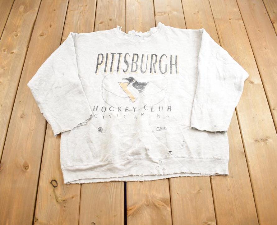 Vintage 1990s Pittsburgh Penguins Hockey Club NHL Distressed Crewneck Sweatshirt Made In USA