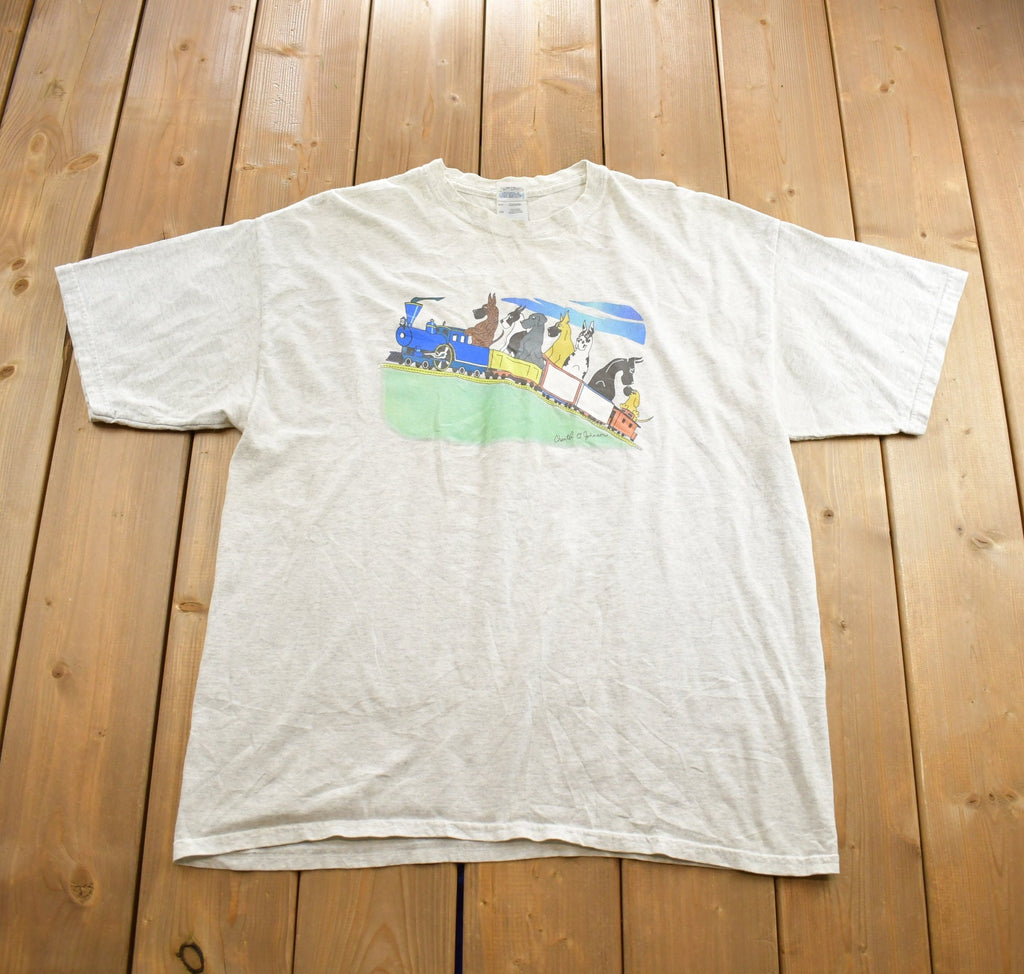 Vintage 1990s Cartoon Dogs On Train Stitch Graphic T-Shirt Made In USA