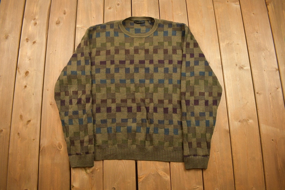 Vintage 1990s Lenor Romano Knitted Crewneck Sweater / Vintage 90s Crewneck / All Over Pattern / Colorful / Sweatshirt / Abstract Pattern