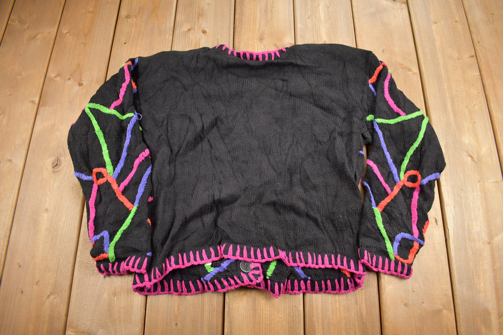 Vintage 1990s Marmie West Neon Abstract Pattern Knit Cardigan Sweater