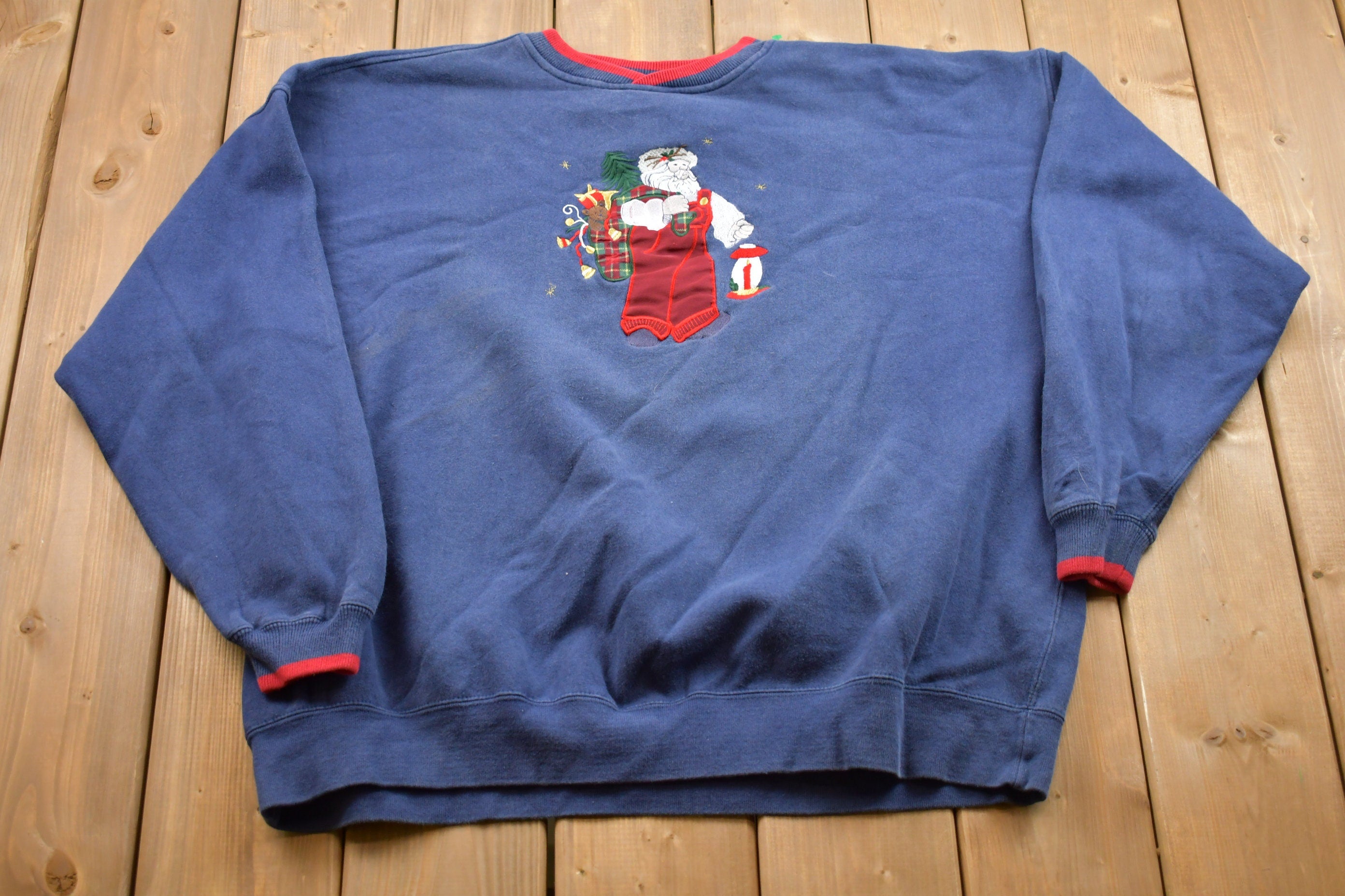 Vintage 1990s Christmas Embroidered Sweater , 90s Holiday Crewneck , Winter Wear , Festive Graphic Print , 1990s Santa Claus