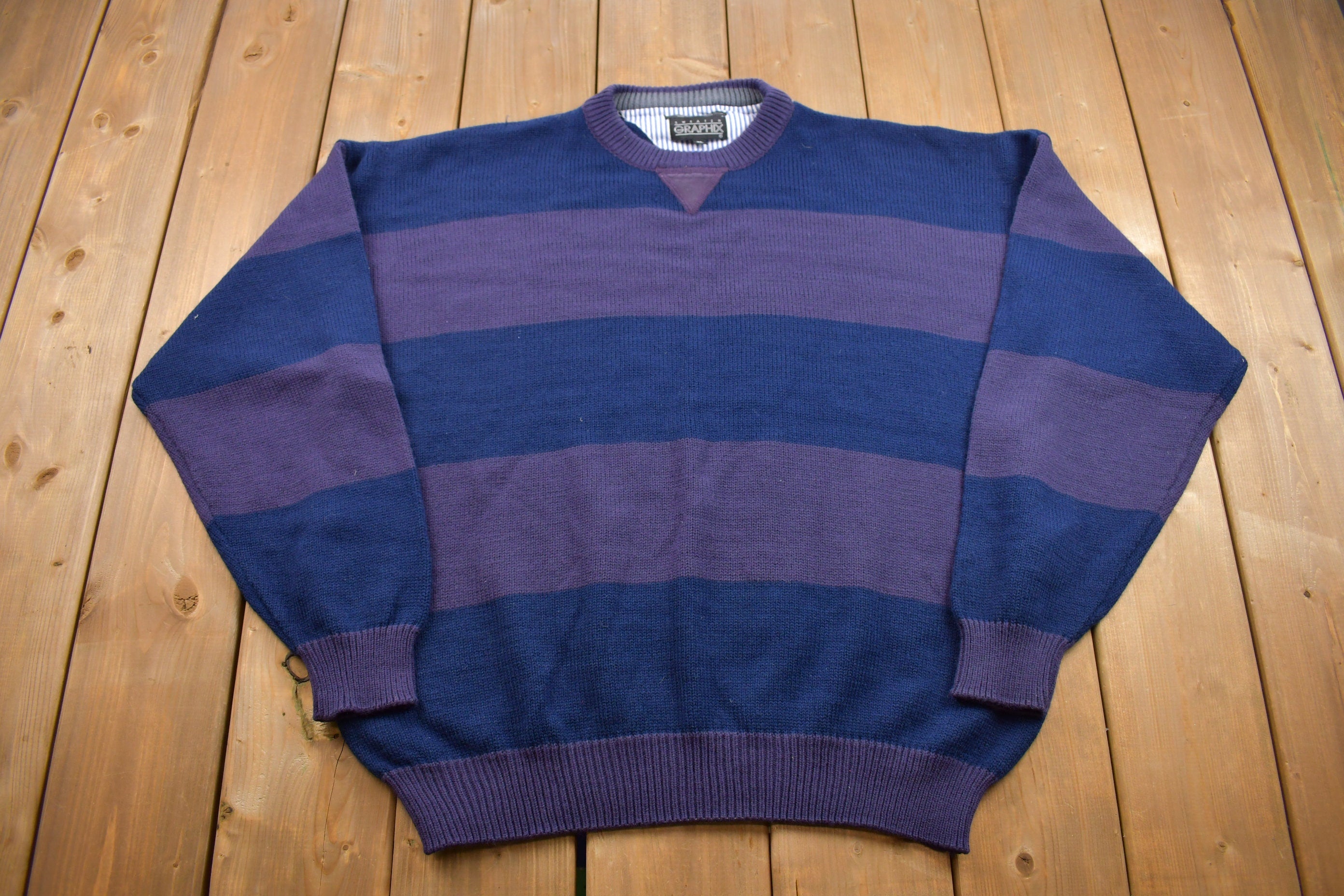 Vintage 1990s Large Stripes Knitted Crewneck Sweater