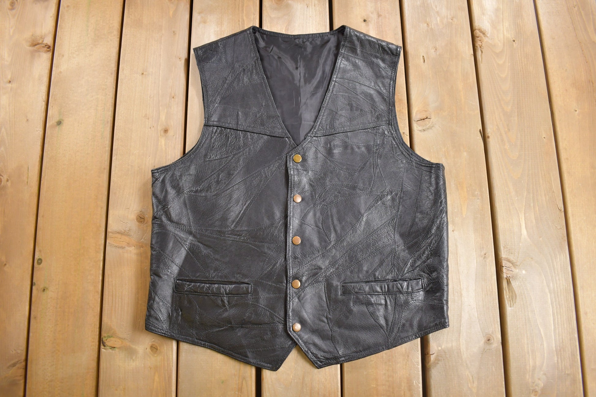 Vintage 1970s Black Leather Vest  Western  Biker  Size 40  70s  80s