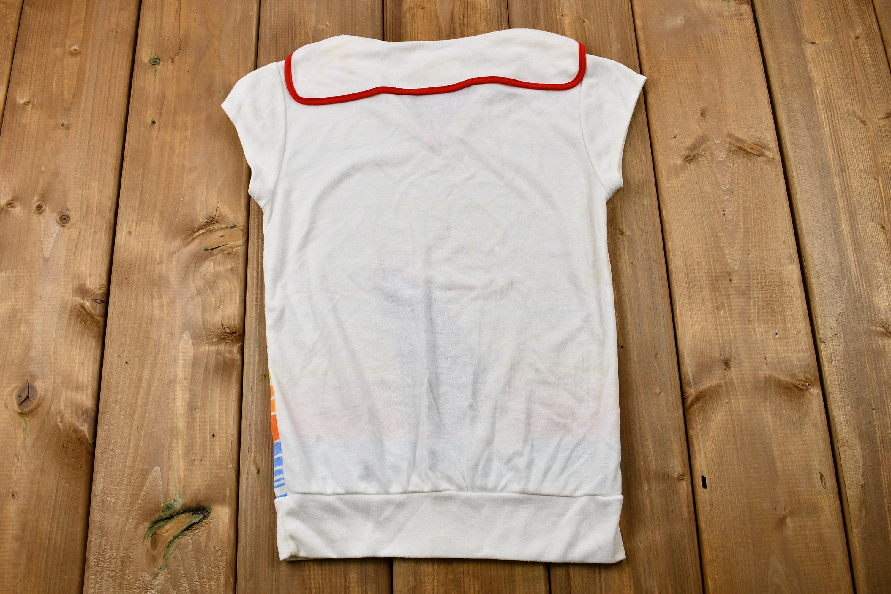 Vintage 1970s Sailor Collar Sunset Yacht Graphic Jersey-Knit T-Shirt