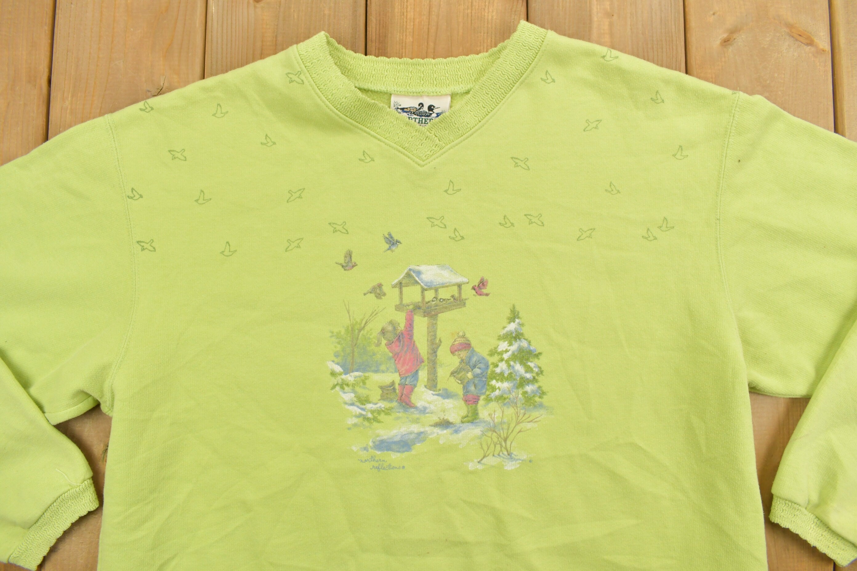 Vintage 1990s Northern Reflections Green Holiday Crewneck Sweater / 90s Crewneck / Grandma / Nature Theme / V Neck / Snow