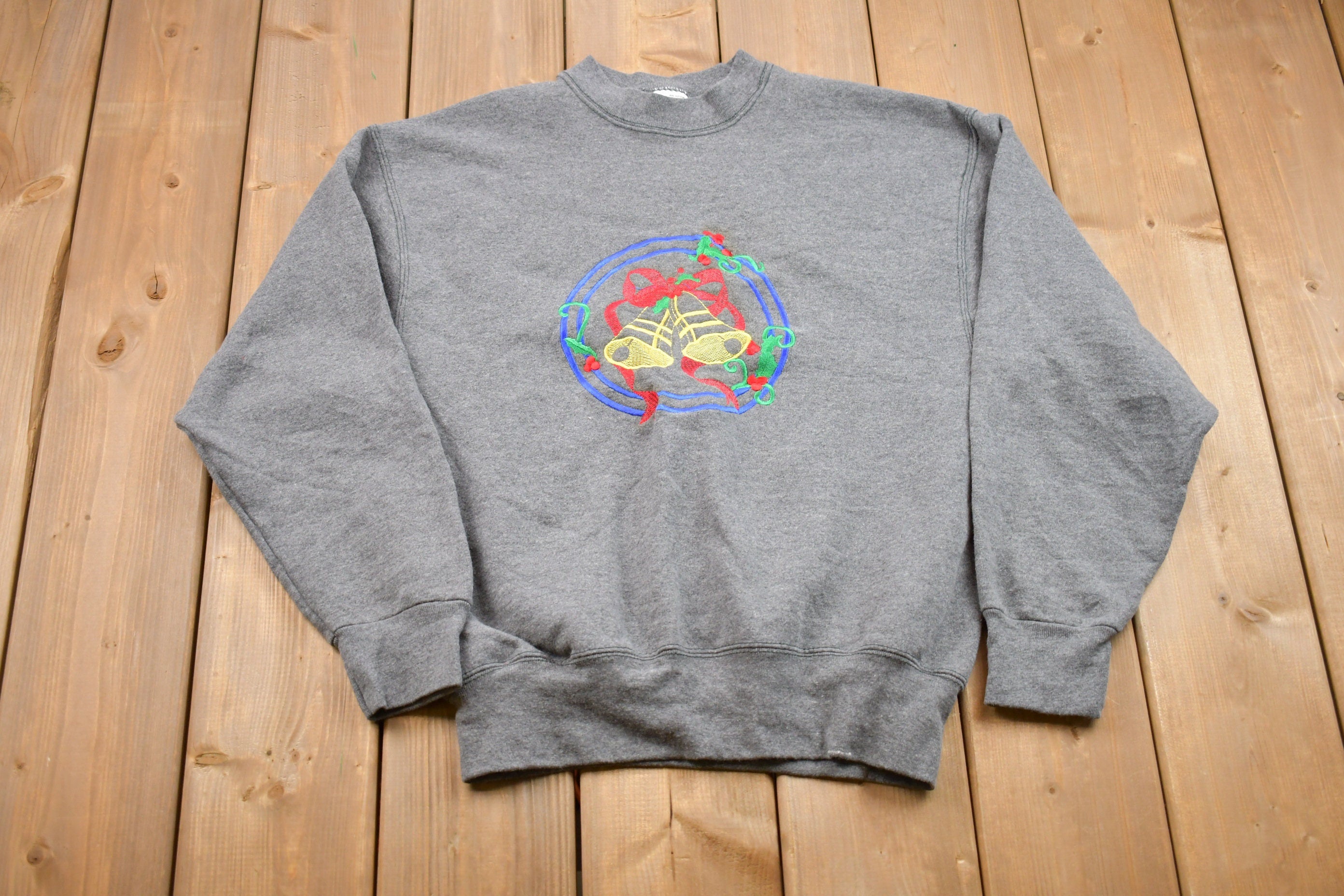 Vintage 1990s Christmas Embroidered Jingle Bells Sweater , 90s Holiday Crewneck , Winter Wear , Festive Graphic Print , Made In USA