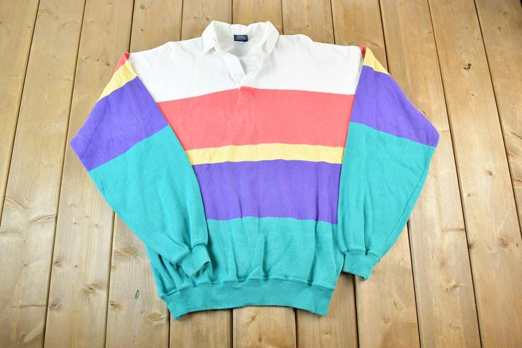 Vintage 1990s Gant Knit Abstract Pattern Quarter Button Striped Crewneck Sweater