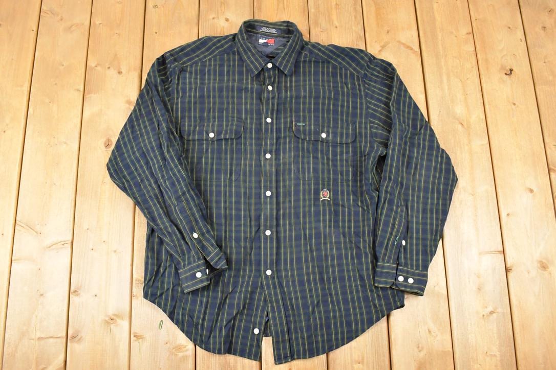 Vintage 1990s Tommy Hilfiger Plaid Button Up Shirt Men's L  Funky Crazy Pattern  Preppy Style  Boxy Fit