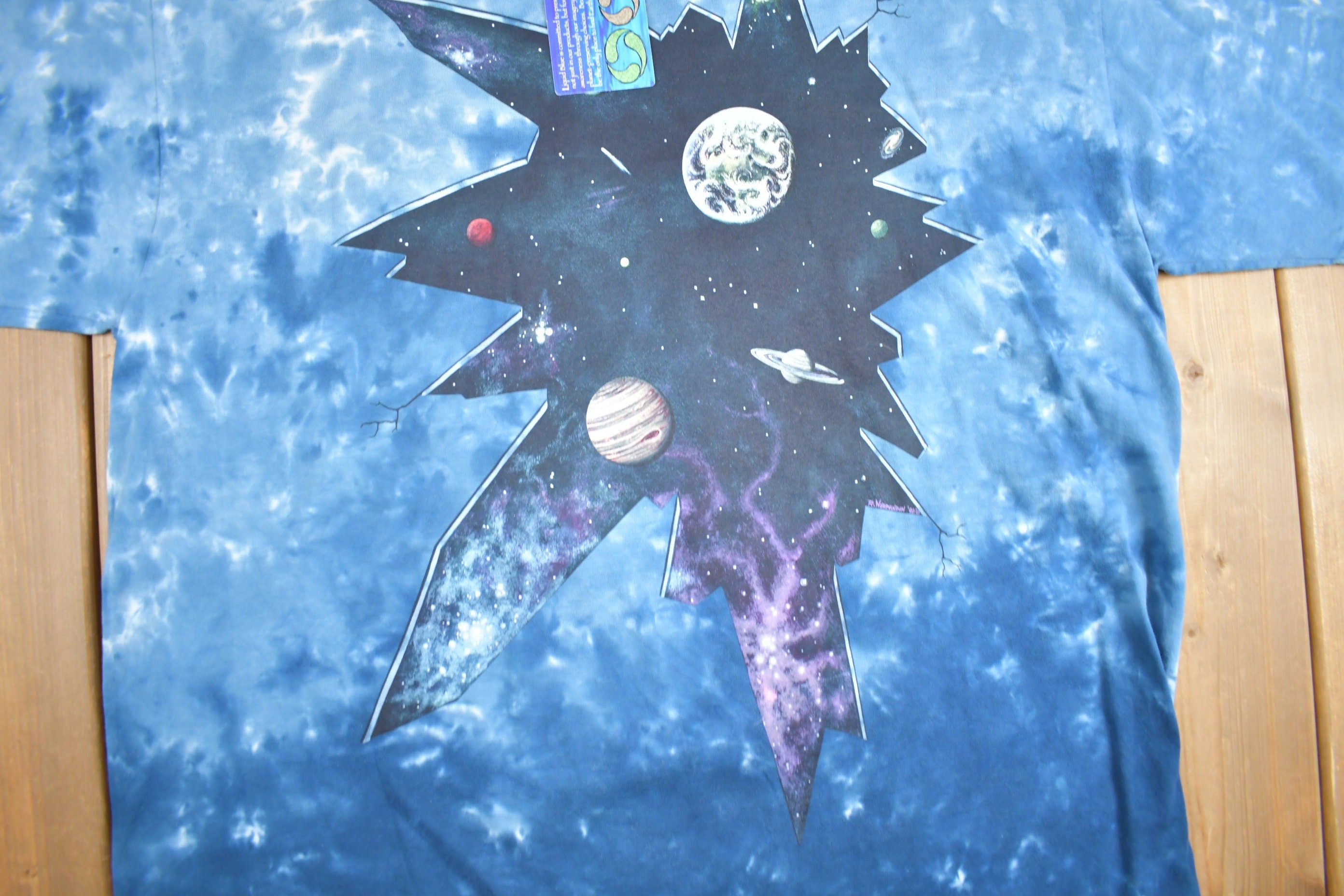 Vintage 1990s Deadstock Liquid Blue Space Theme All Over Print Tie Dye T-Shirt