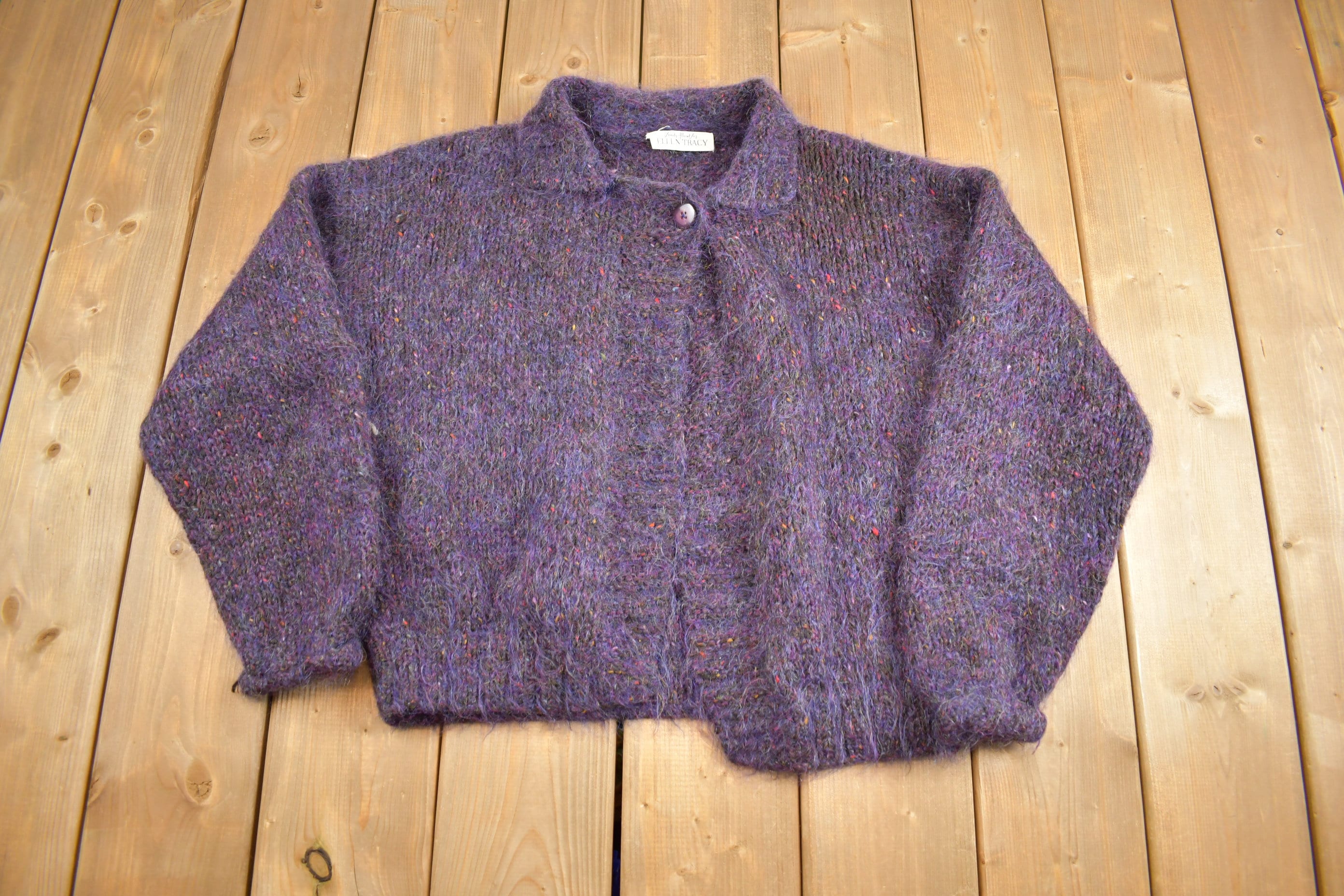 Vintage 1990s Ellen Tracy Mohair Blend Knit Cardigan Sweater  Vintage Cardigan  Purple Sweater