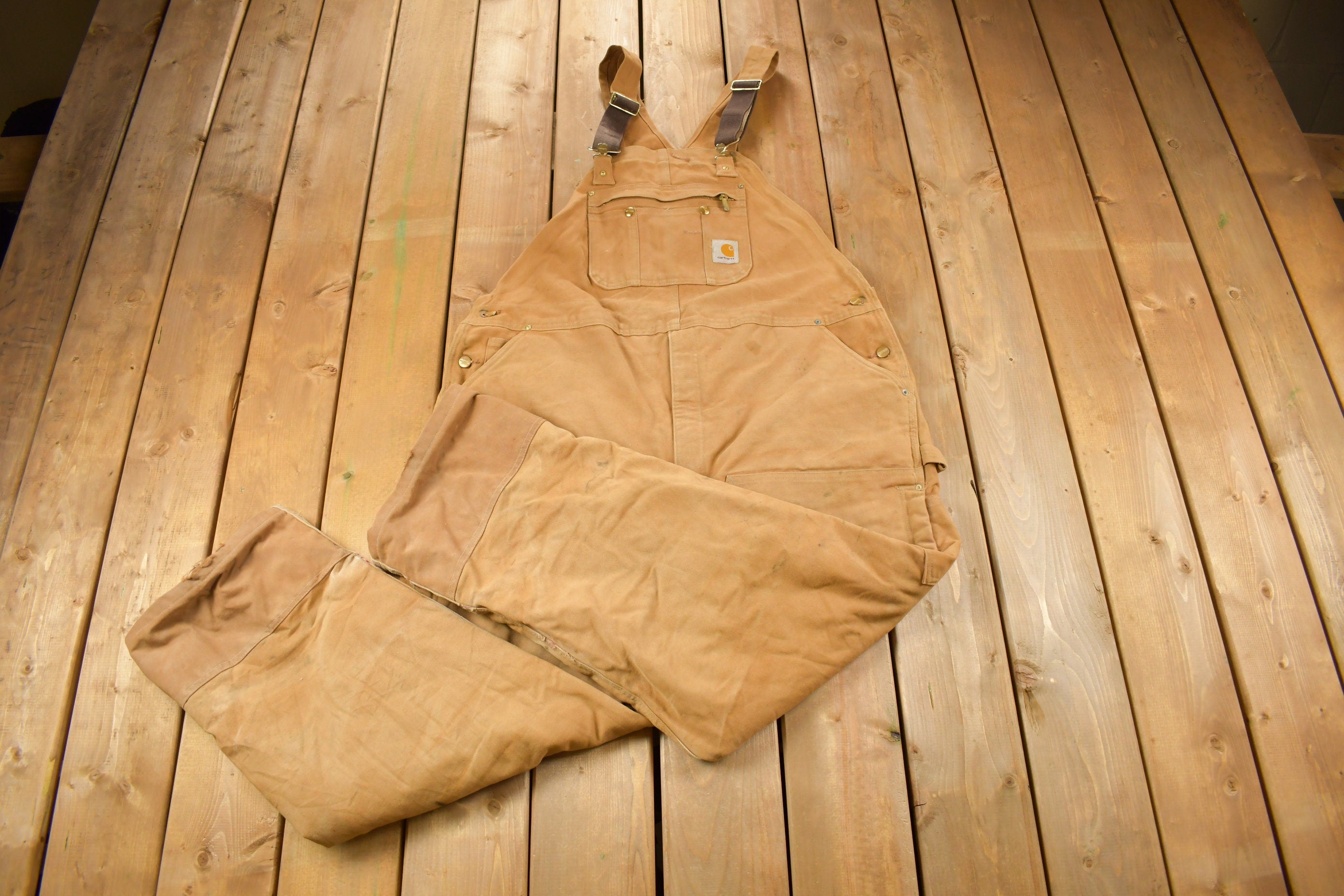 Vintage 1990s Carhartt Beige Double Knee Canvas Quilted Overalls Size 46 x 30