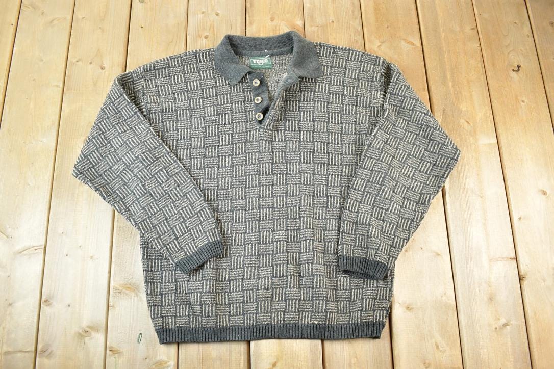 Vintage 1990s TT Quarter Button Knit Abstract Pattern Crewneck Sweater