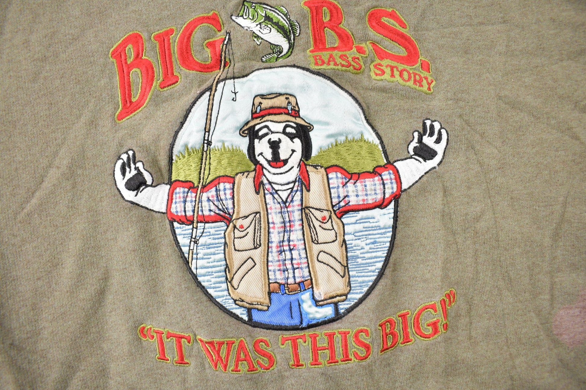 Vintage 1990s Big Dogs Fishing Theme Embroidered Crewneck Sweatshirt Size XL