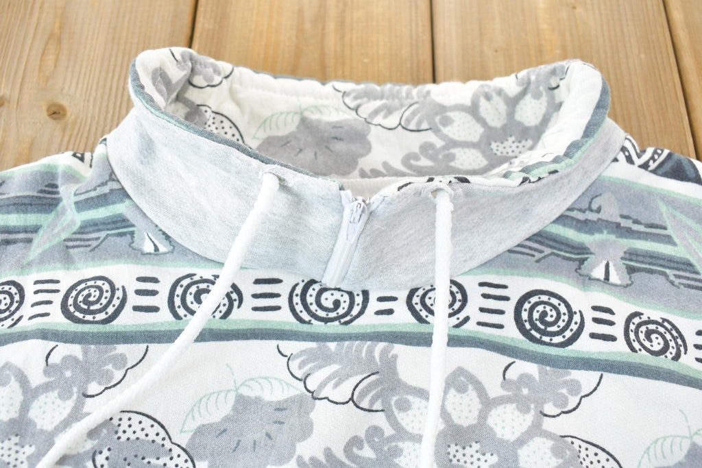 Vintage 1990s Locker Shop Activewear Patterned Graphic Turtleneck Zip Sweatshirt / Made In Canada / 90s Crewneck / Canadian Vintage