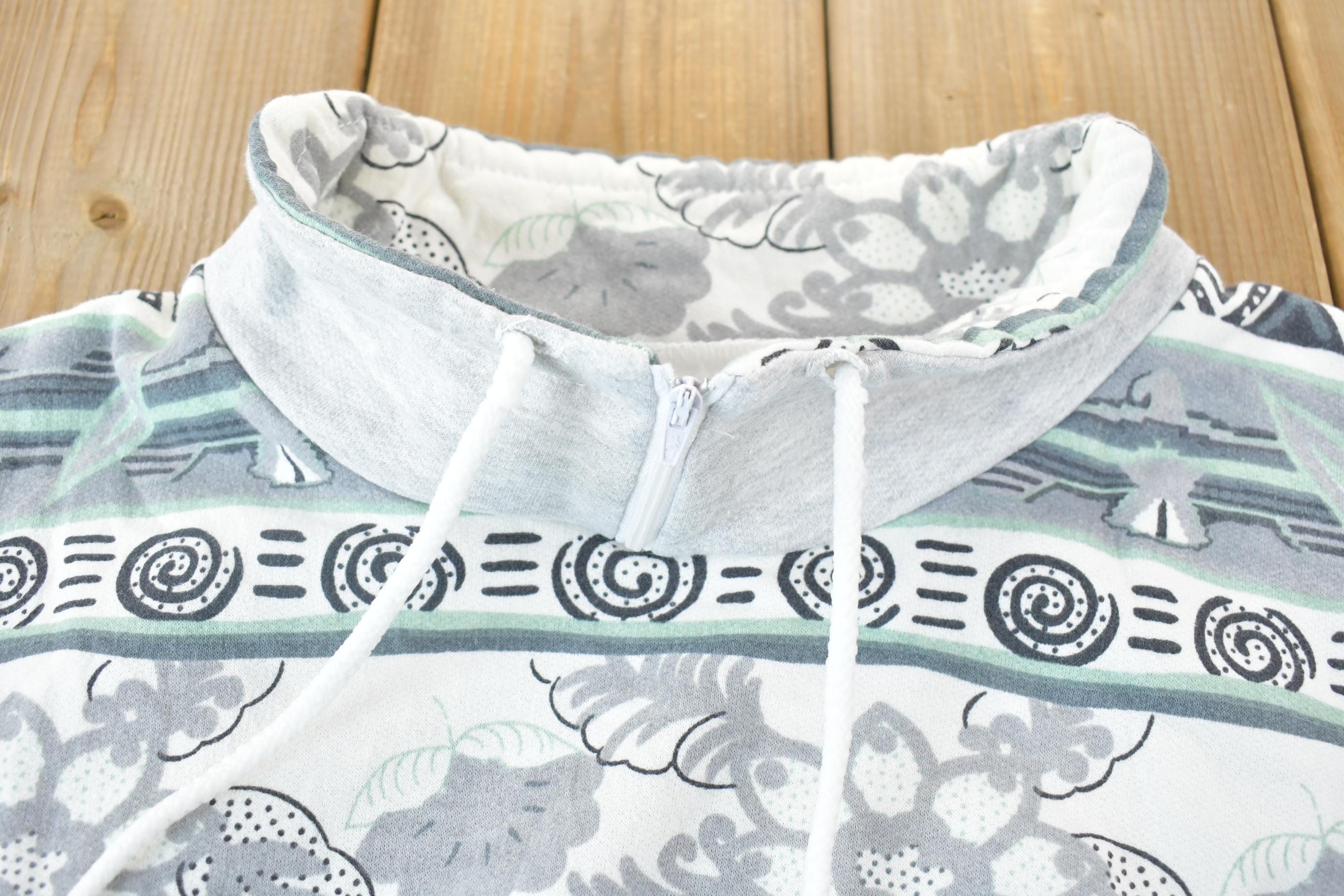 Vintage 1990s Locker Shop Activewear Patterned Graphic Turtleneck Zip Sweatshirt / Made In Canada / 90s Crewneck / Canadian Vintage