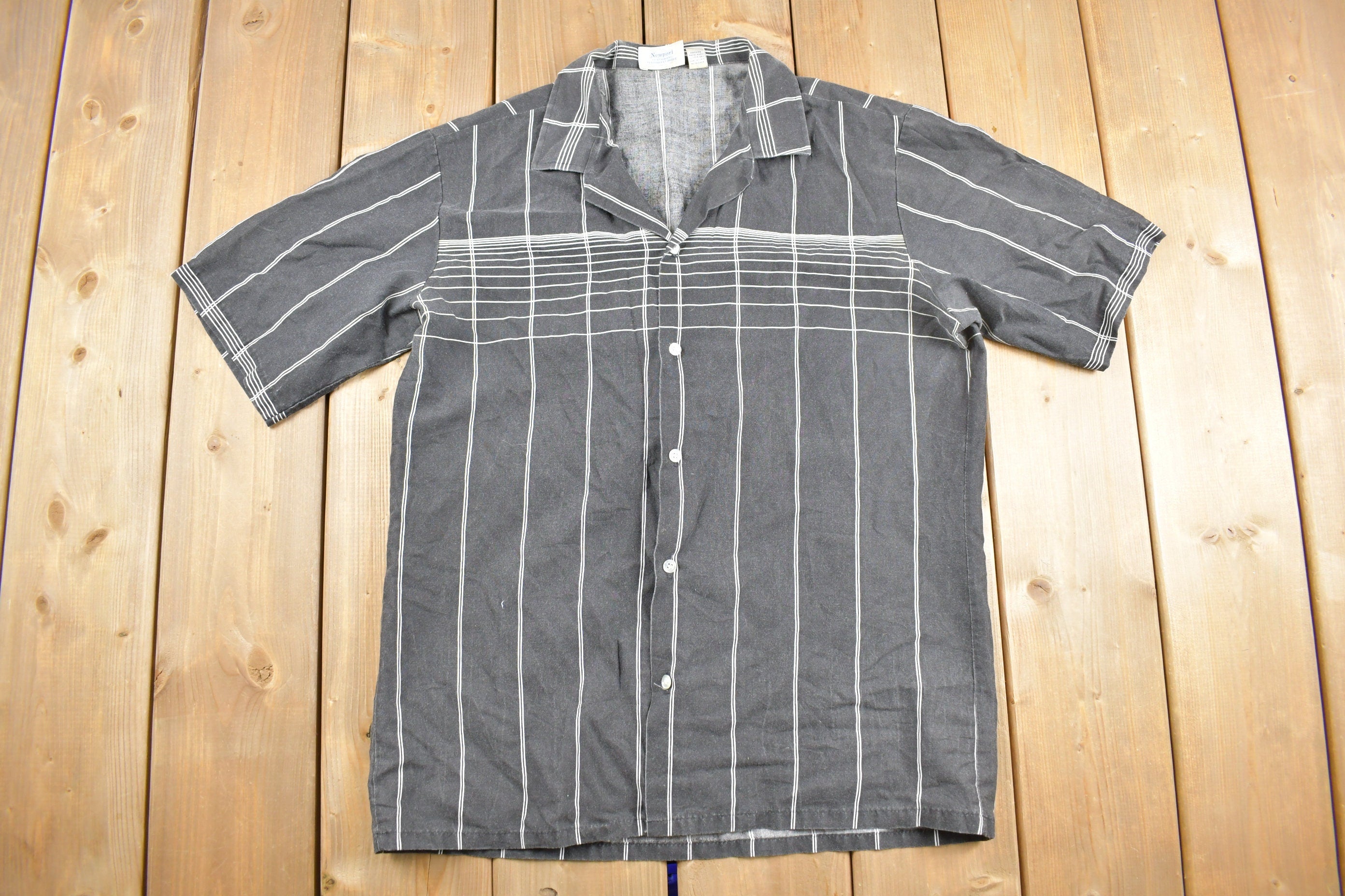 Vintage 1980s Newport Shirt Makers Striped Button Up Shirt Rayon 50s Style /