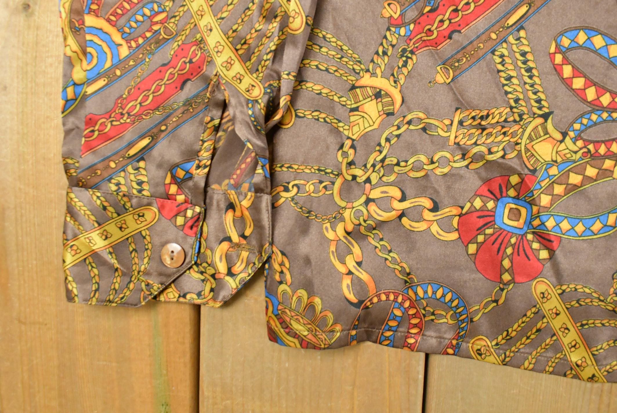 Vintage 1990s Marcella Silk Style Button Up Shirt Women's XL / 90s Shirt / Abstract Pattern / Casual Shirt / All Over Print