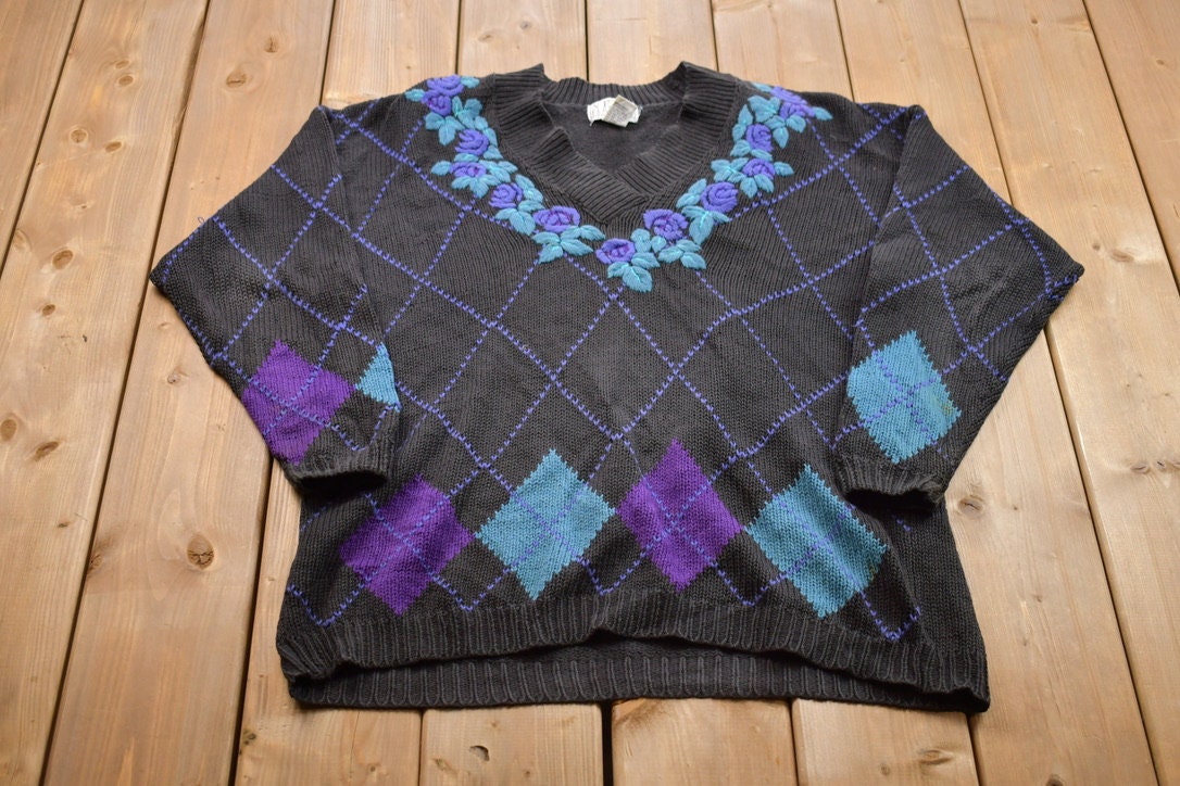 Vintage 1990s Knitted Argyle Floral Crewneck Sweater