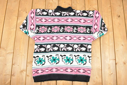 Vintage 1990s Cut 4 U Abstract Floral Print AOP Knit Crewneck Sweater Women's L / 90s Knitted Sweatshirt / Vintage Preppy Knits