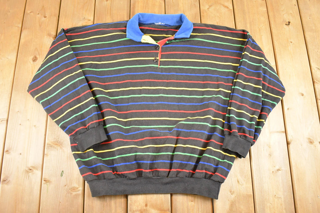 Vintage 1980s Striped Quarter Button Souvenir Crewneck Sweatshirt Men's XL