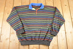 Vintage 1980s Striped Quarter Button Souvenir Crewneck Sweatshirt Men's XL