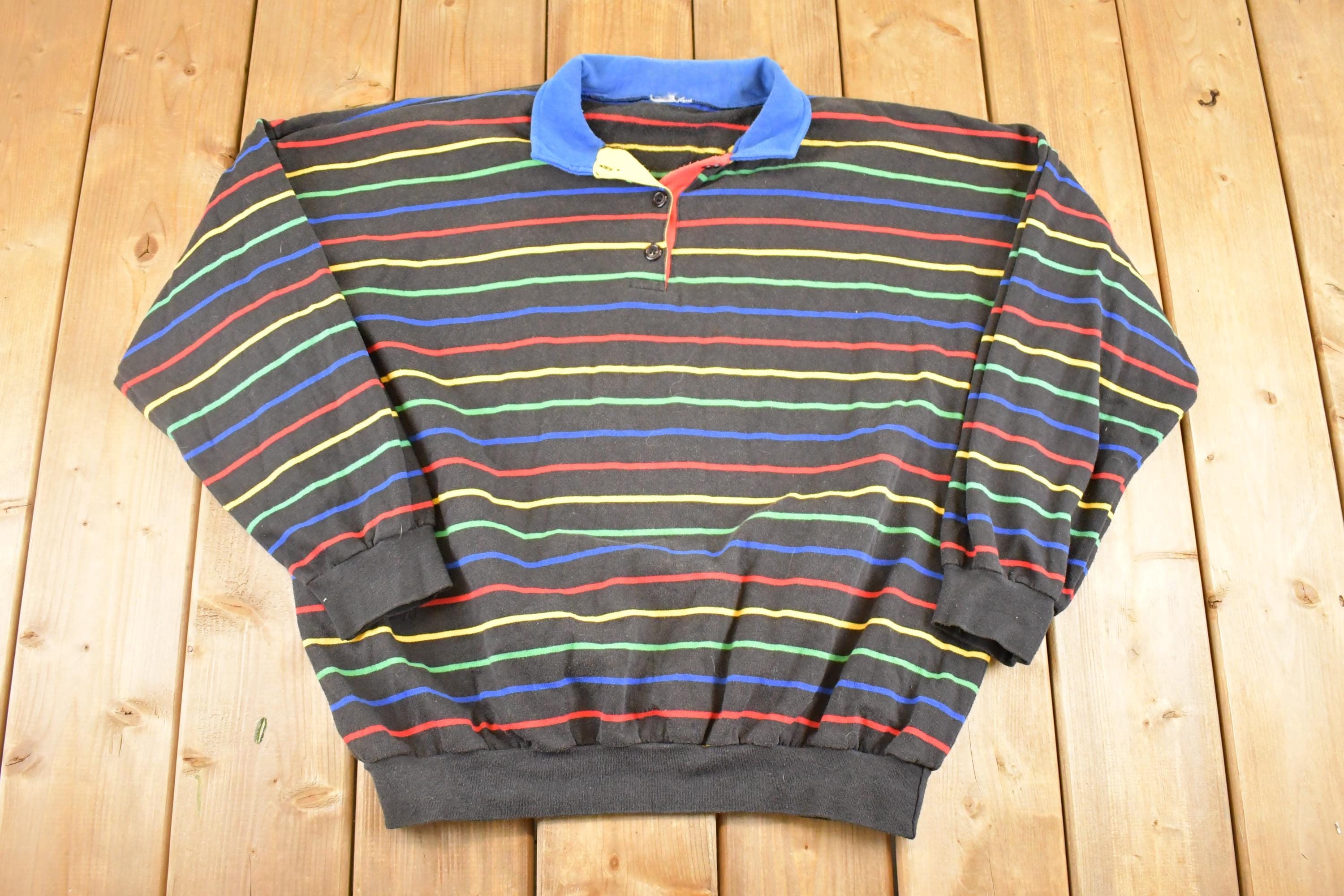 Vintage 1980s Striped Quarter Button Souvenir Crewneck Sweatshirt Men's XL