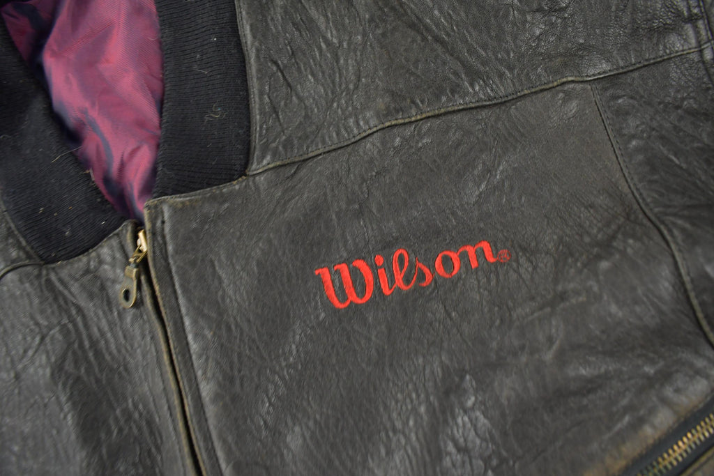 Vintage 1990s Wilson Golf & Tennis Team Embroidered Leather Bomber Jacket Size 46