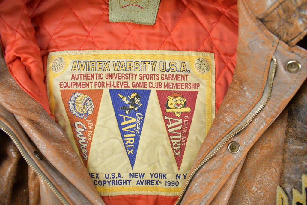 Vintage 1990s Avirex USA Native Tribal Leather Varsity Jacket Men's Medium /