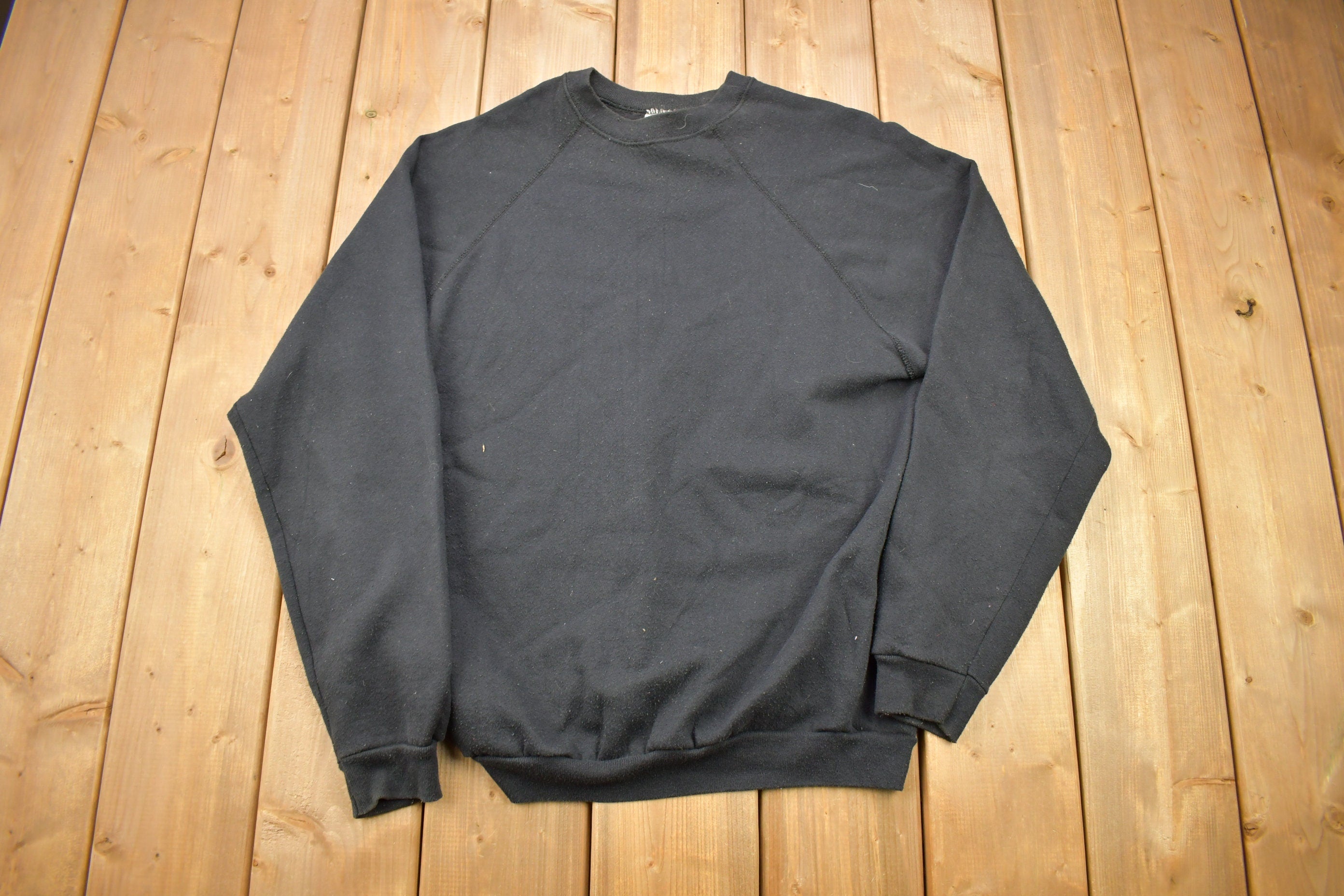 Vintage 1980s Tultex Black Blank Raglan Crewneck Sweatshirt