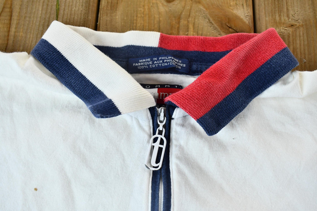Vintage 1990s Tommy Hilfiger Women's Red White and Blue Zipper Polo Shirt