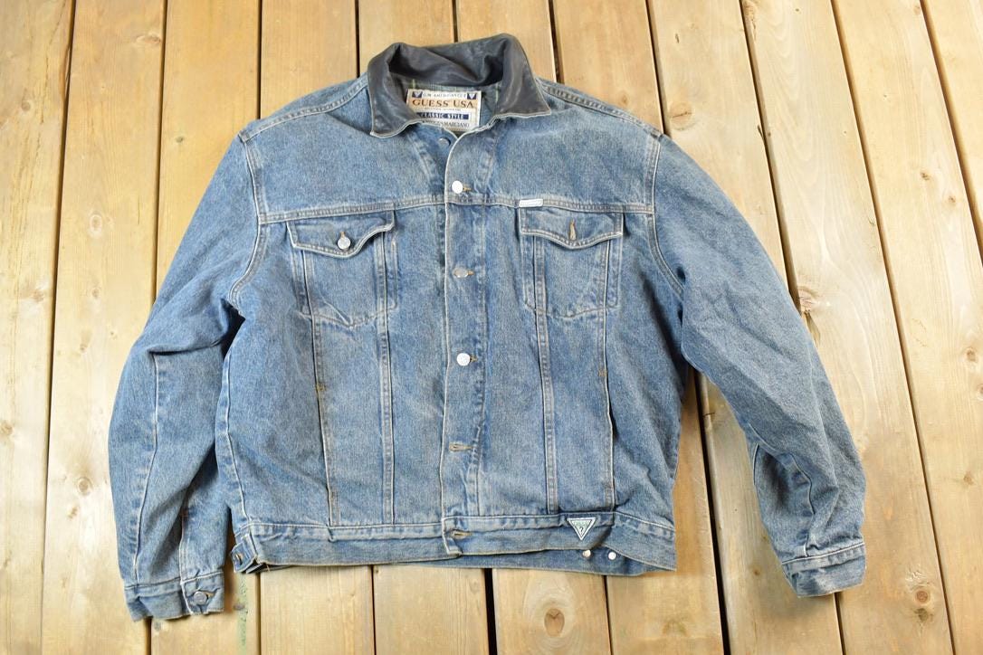 Vintage 1990s Guess USA Lined Leather Collar Jean Jacket Made In USA