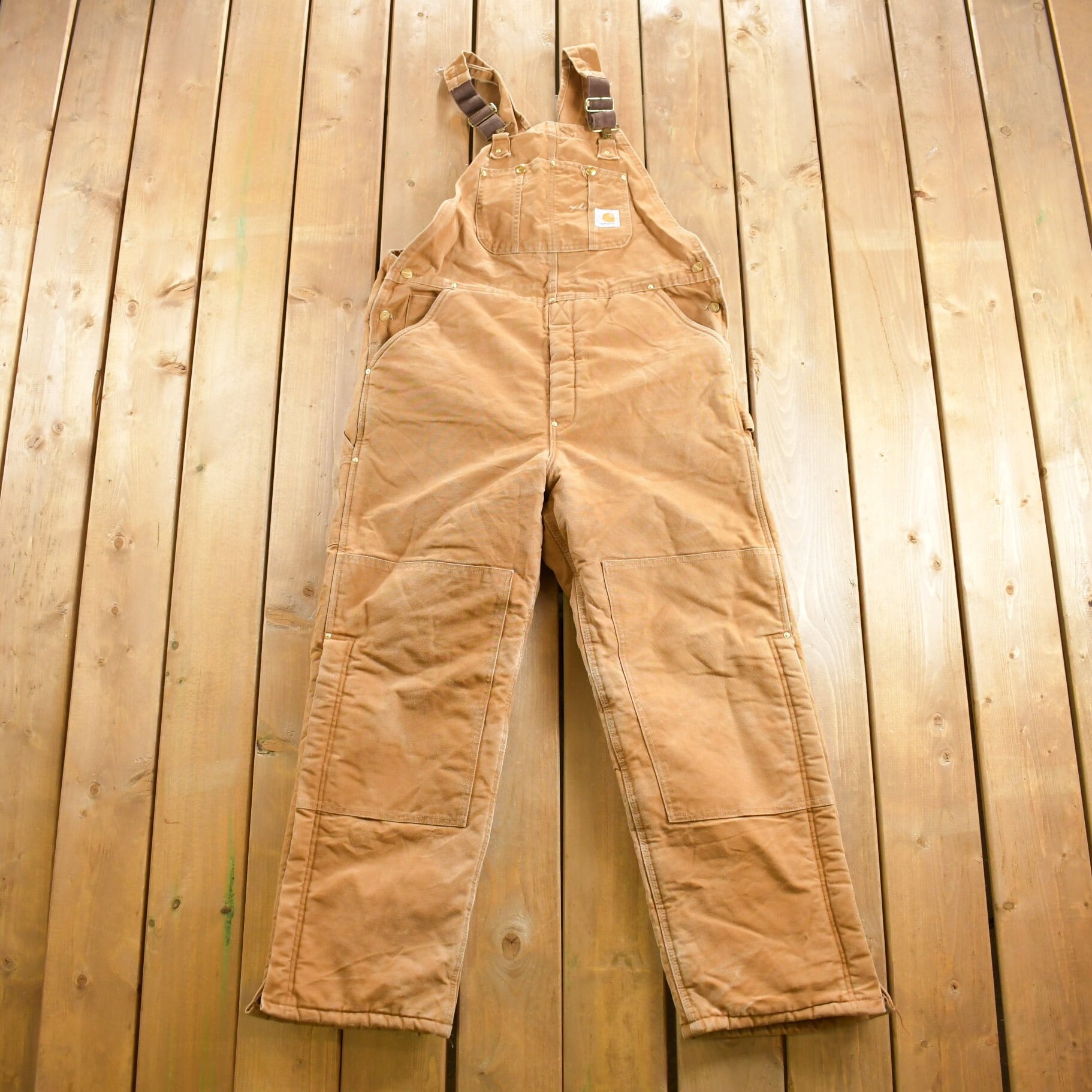 Vintage 1990s Carhartt Beige Double Knee Canvas Quilted Overalls Size 38 x 30.5